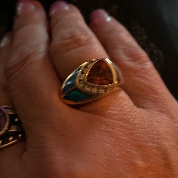 TURMALINE, INLAID OPAL & DIAMOND IN 14KT GOLD RING  & EARRINGS.  Could Be Kavana - Picture 9 of 11